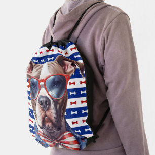 PATRIOTIC RED WHITE BLUE PIT BULL TERRIER DOG DRAWSTRING BAG