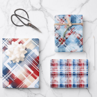 Patriotic Red White Blue Plaid Complementary Set Wrapping Paper Sheets