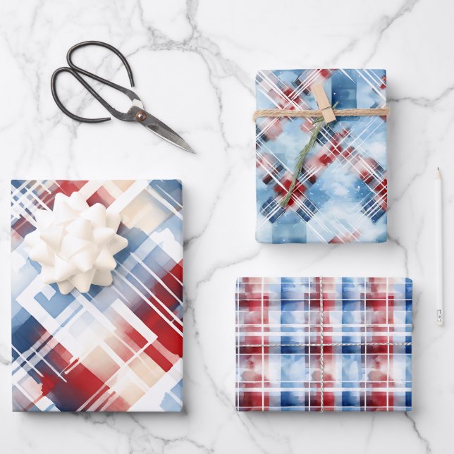 Patriotic Red White Blue Plaid Complementary Set Wrapping Paper Sheets (Front)