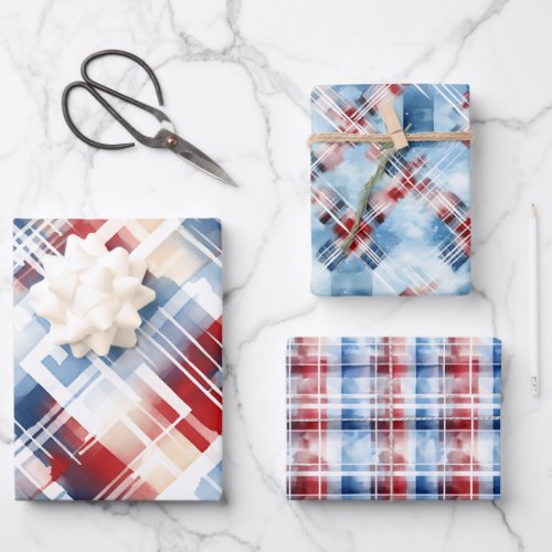 Patriotic Red White Blue Plaid Complementary Set Wrapping Paper Sheets