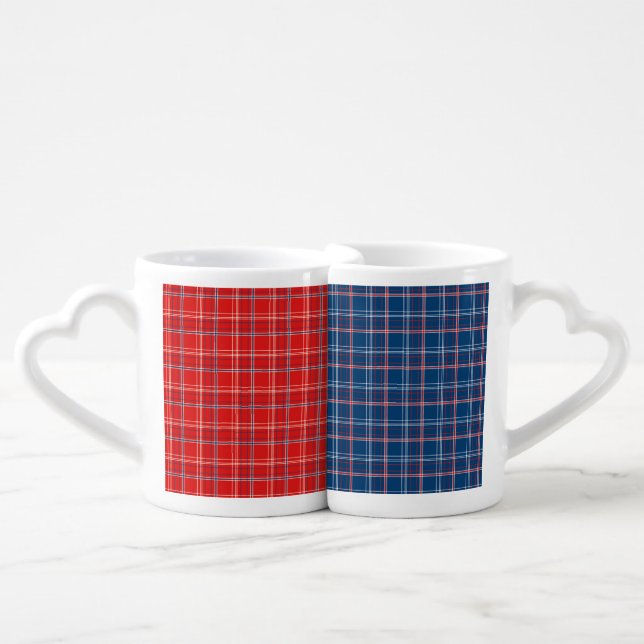 PATRIOTIC RED WHITE BLUE PLAID PATTERN COFFEE MUG SET (Front Nesting)