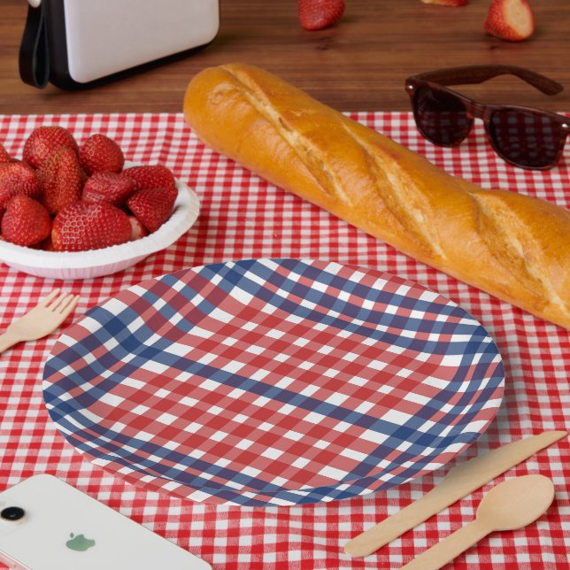 Patriotic Red White Blue Plaid Stripes Paper Plates (Picnic)