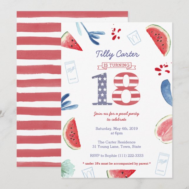 Patriotic Red White Blue  Pool Party 18th Birthday Invitation (Front/Back)