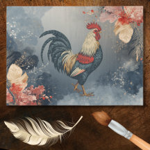 Patriotic Red White Blue Rooster Flowers Leaves