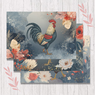 Patriotic Red White Blue Rooster Flowers Leaves Wrapping Paper Sheets