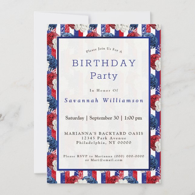 Patriotic Red White Blue Rose Stripe Birthday Invitation (Front)