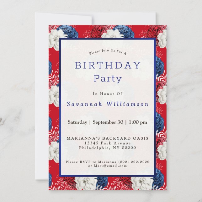 Patriotic Red White Blue Roses Birthday Invitation (Front)