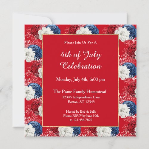 Patriotic Red White Blue Roses Bouquet 4th of July Invitation