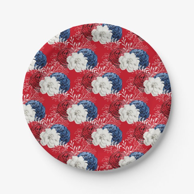 Patriotic Red White Blue Roses Bouquet Paper Plates (Front)