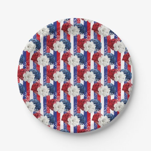 Patriotic Red White Blue Roses Stripe Floral Paper Plates