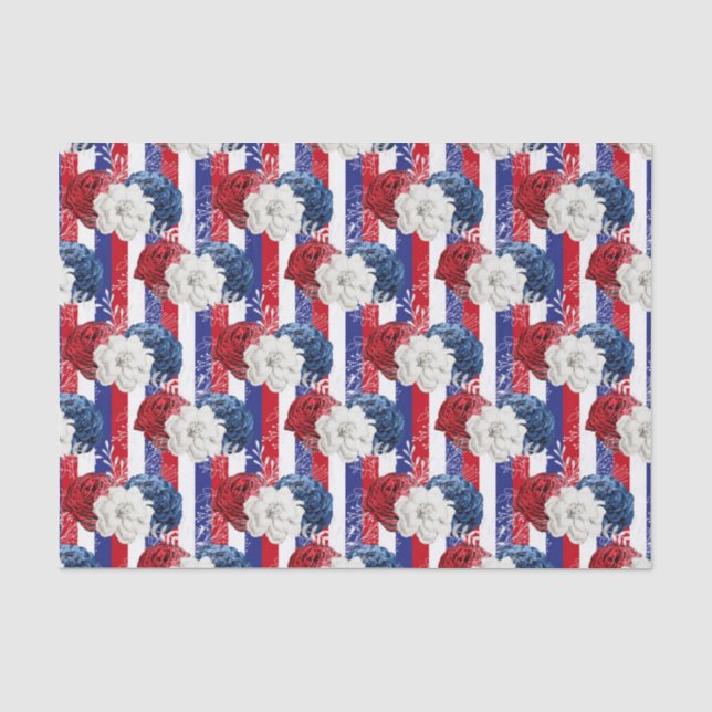 Patriotic Red White Blue Roses Stripe Floral Tissue Paper (Front)