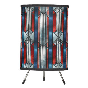PATRIOTIC RED WHITE BLUE STAINED GLASS LOOK PATTER TRIPOD LAMP