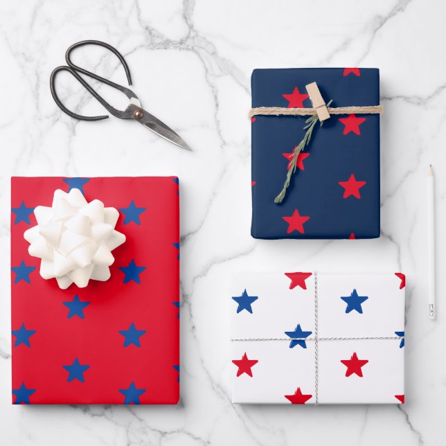 Patriotic red white blue stars american pattern wrapping paper sheets (Front)