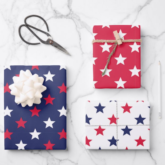 Patriotic Red White Blue Stars American Wrapping Paper Sheets (Front)