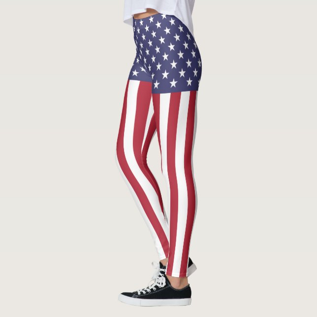 Patriotic Red White Blue Stars And Stripes Flag Leggings (Left)