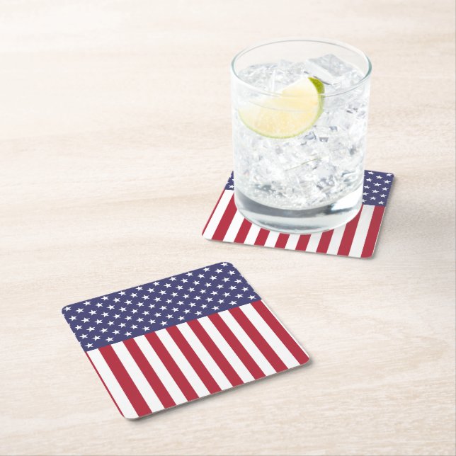 Patriotic Red White Blue Stars And Stripes Flag Square Paper Coaster (Insitu)