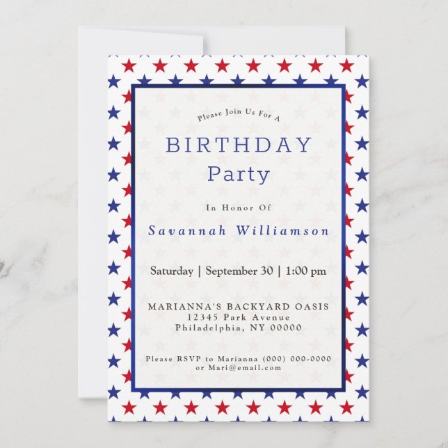 Patriotic Red White Blue Stars Birthday Invitation (Front)