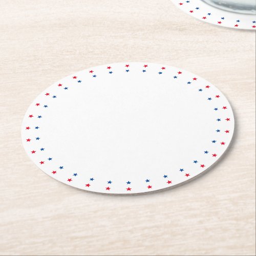 Patriotic red white blue stars border holiday round paper coaster