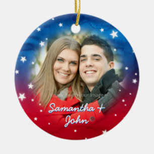 Patriotic Red White Blue Stars Christmas Photo Ceramic Ornament