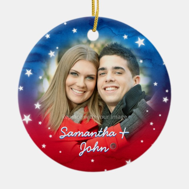 Patriotic Red White Blue Stars Christmas Photo Ceramic Ornament (Front)