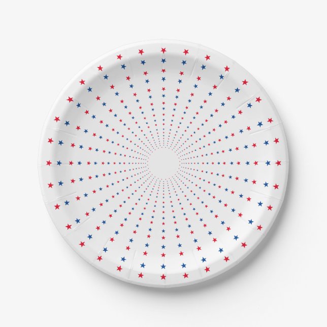 Patriotic red white blue stars fireworks festive paper plates (Front)