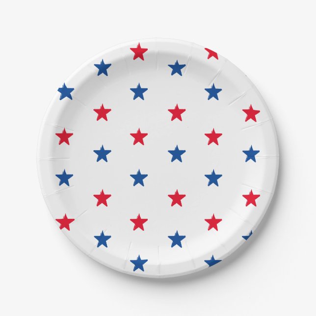Patriotic red white blue stars fun holiday party paper plates (Front)