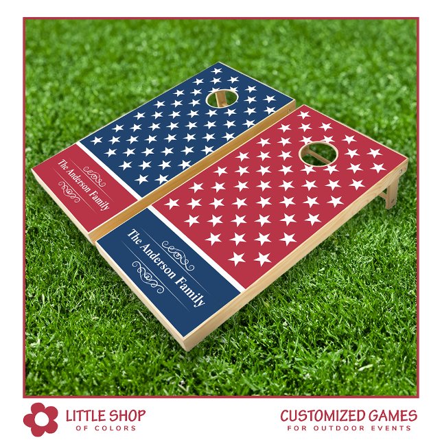 Patriotic Red White Blue Stars Monogrammed Cornhole Set (Creator Uploaded)