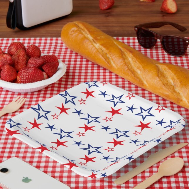 PATRIOTIC RED WHITE BLUE STARS PAPER PLATES (Picnic)