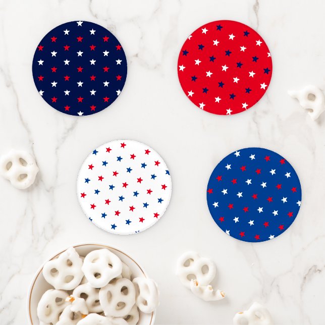 Patriotic red white blue stars pattern holiday  coaster set (In Situ)