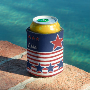 Patriotic Red White & Blue Stars & Stripes Can Cooler