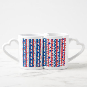 PATRIOTIC RED WHITE BLUE STARS STRIPES FLAGS HEART COFFEE MUG SET