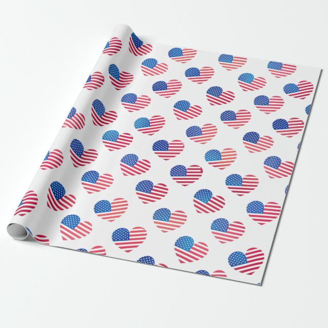 Patriotic Red White Blue Stars Stripes Heart Flags Wrapping Paper (Unrolled)