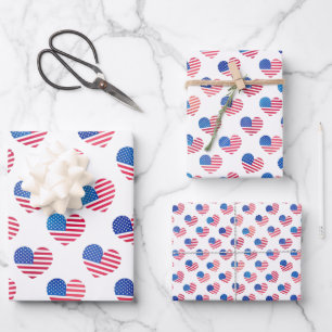 Patriotic Red White Blue Stars Stripes Heart Flags Wrapping Paper Sheets