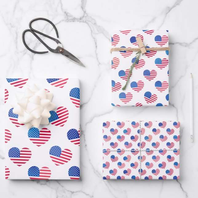 Patriotic Red White Blue Stars Stripes Heart Flags Wrapping Paper Sheets (Front)
