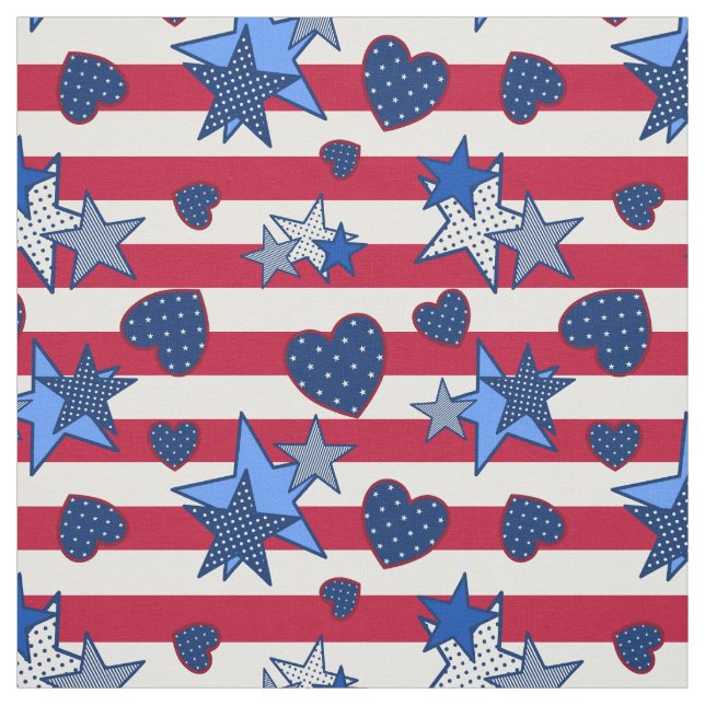 Patriotic Red White Blue Stars Stripes Hearts Dots Fabric (Swatch)