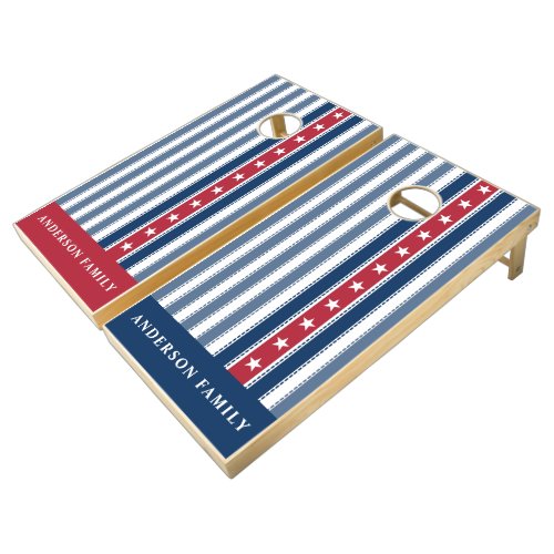 Patriotic Red White Blue Stars Stripes Monogram Cornhole Set