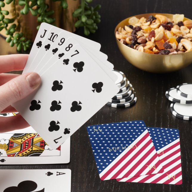 Patriotic Red White Blue Stars Stripes Monogrammed Poker Cards (In Situ)