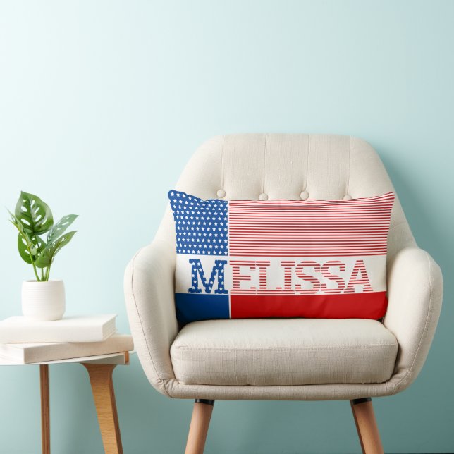 Patriotic Red White Blue❤️🤍💙Stars Stripes Name Lumbar Pillow (Chair)