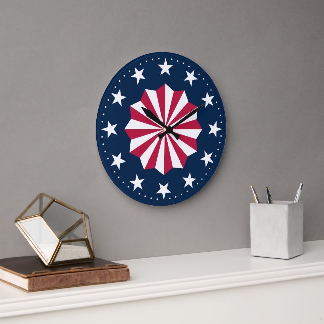Patriotic Red White Blue Stars Stripes Rosette Large Clock (Office)