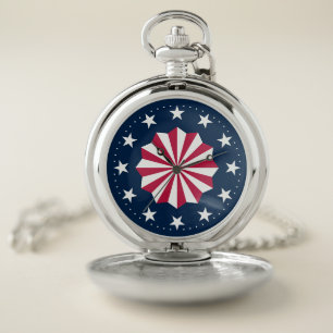 Patriotic Red White Blue Stars Stripes Rosette Pocket Watch