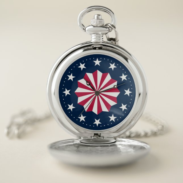 Patriotic Red White Blue Stars Stripes Rosette Pocket Watch (Inside)