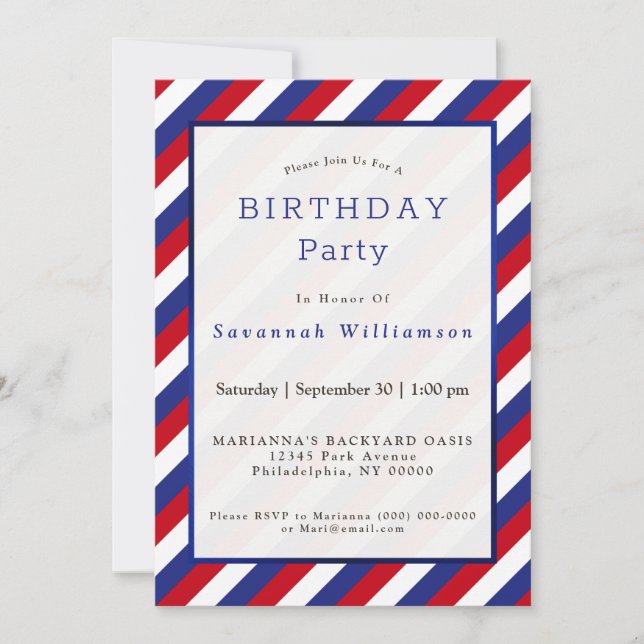 Patriotic Red White Blue Stripe Birthday Invitation (Front)
