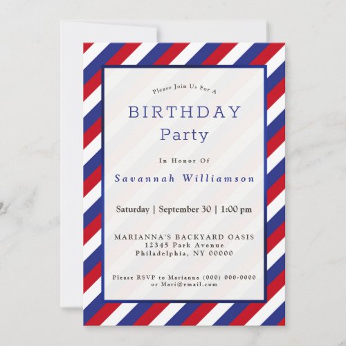 Patriotic Red White Blue Stripe Birthday Invitation