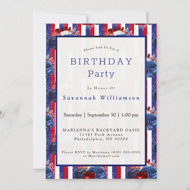 Patriotic Red White Blue Stripe Birthday Invitation (Front)
