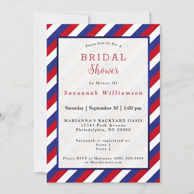 Patriotic Red White Blue Stripe Bridal Shower Invitation (Front)