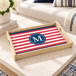 Patriotic Red White Blue Stripe Monogram Serving Tray