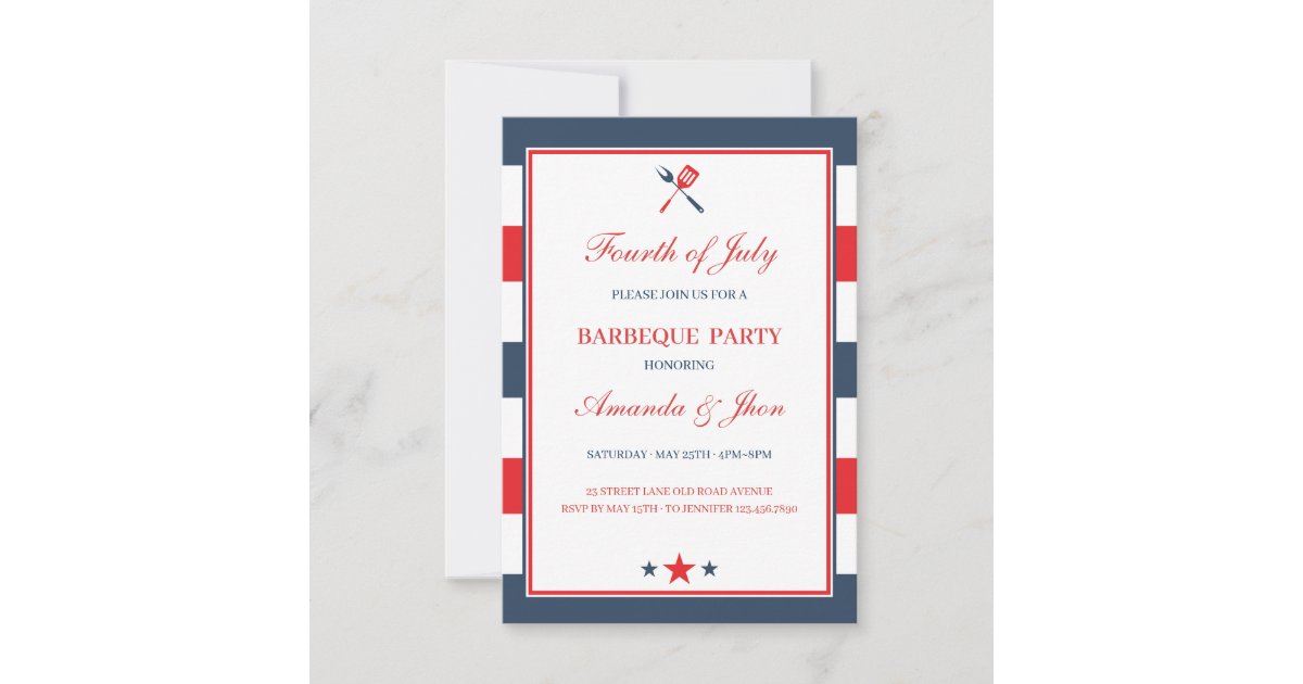 Patriotic Red White Blue Stripes 4th of July BBQ Invitation | Zazzle