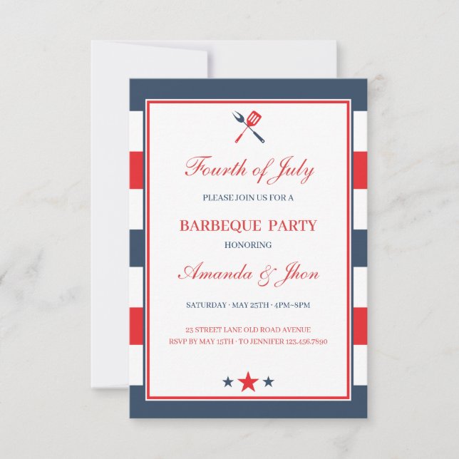 Patriotic Red White Blue Stripes 4th of July BBQ Invitation (Front)