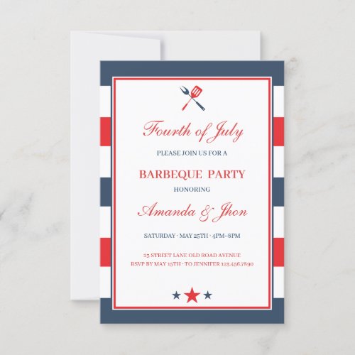 Patriotic Red White Blue Stripes 4th of July BBQ Invitation