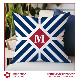 Patriotic Red White Blue Stripes Monogram Initial Throw Pillow